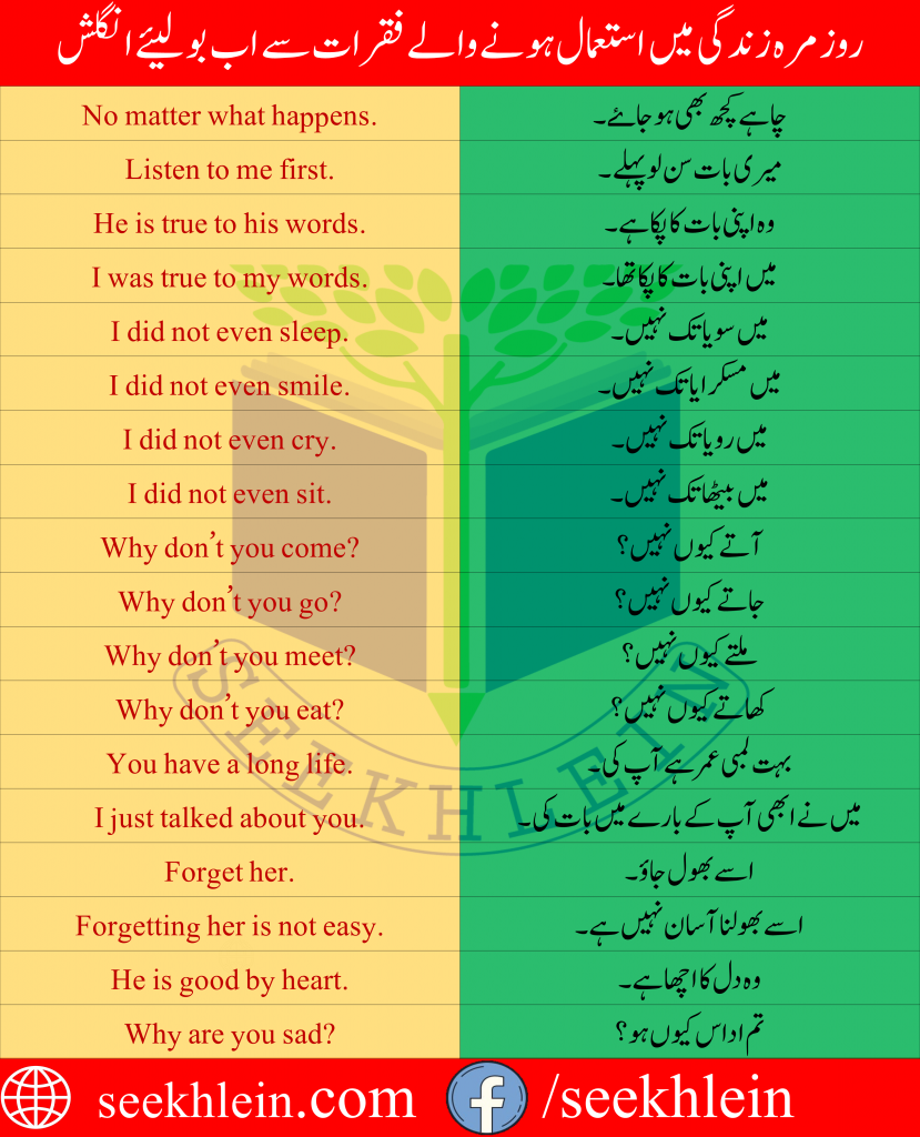 Daily use Urdu to English Sentences for Spoken English free PDF Download