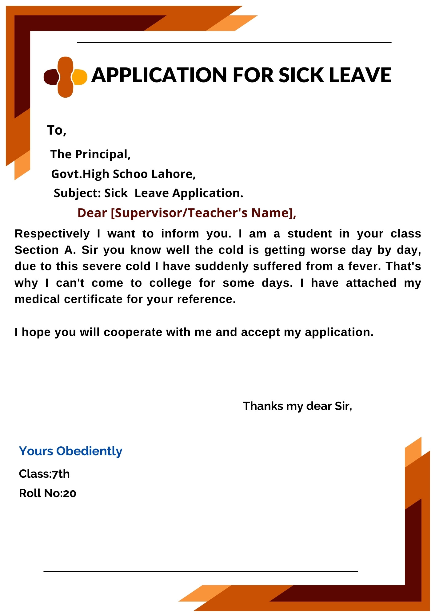 Sick Leave Application for School/College Teacher