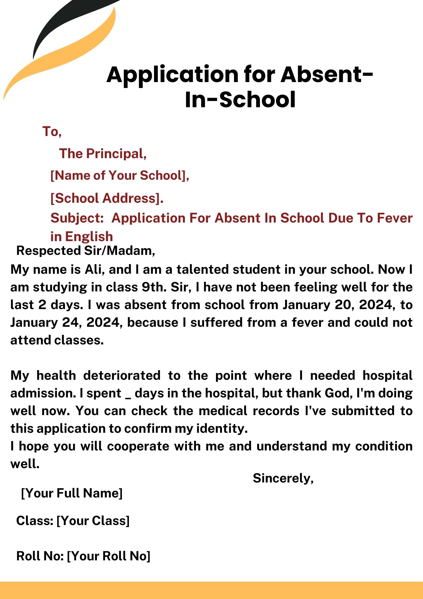   Application For Absent In School Due To Fever In English