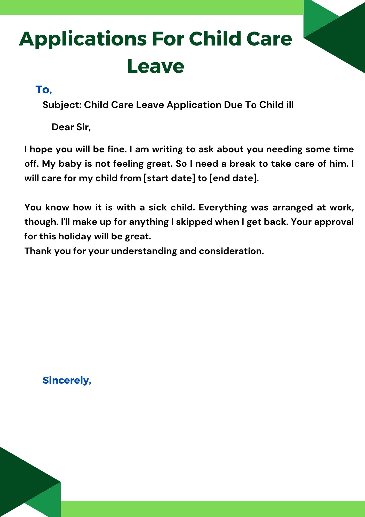 Application Letter For Child Care Leave Due To Child Ill (Sample-5)