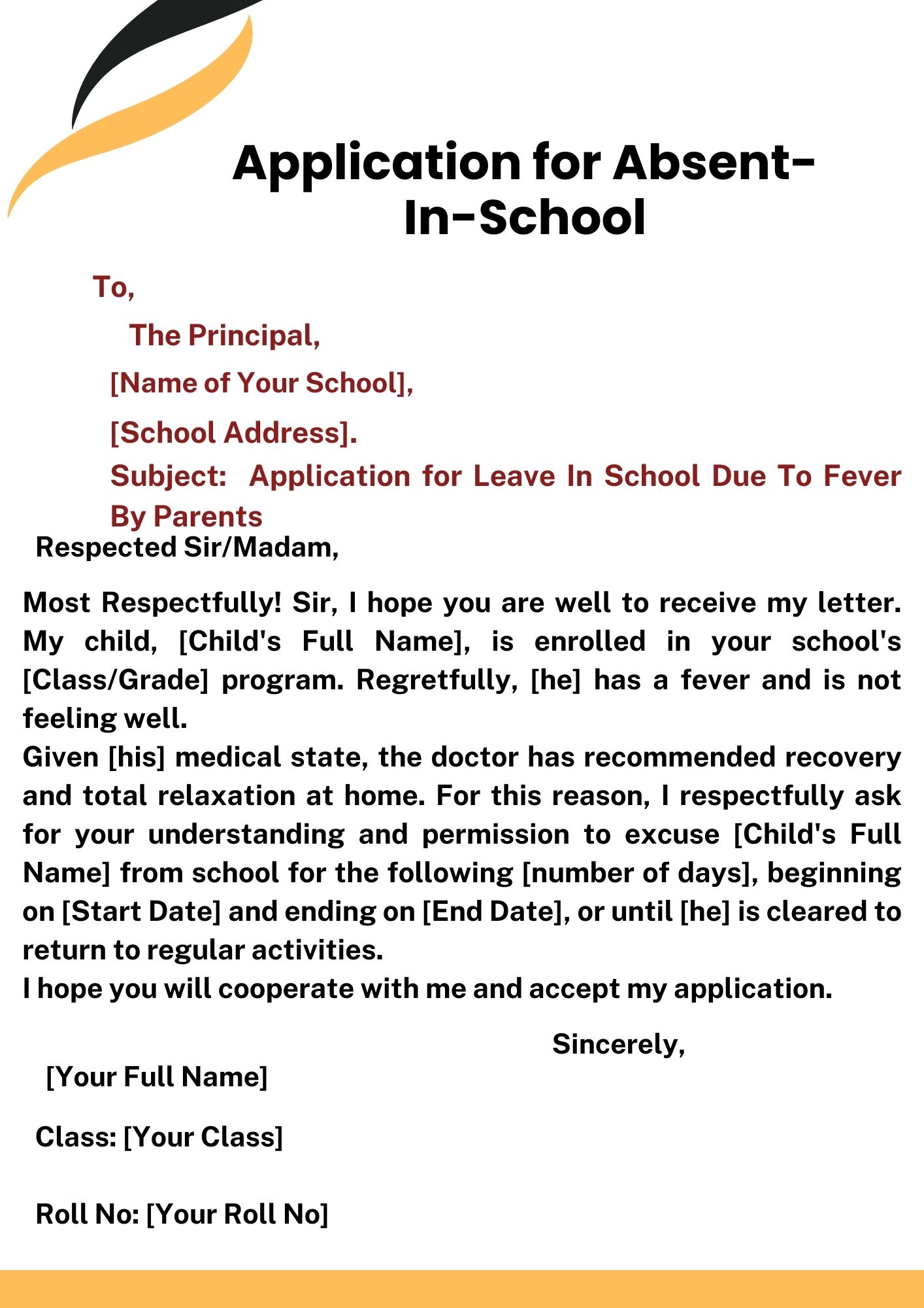 Application for Leave In School Due To Fever By Parents