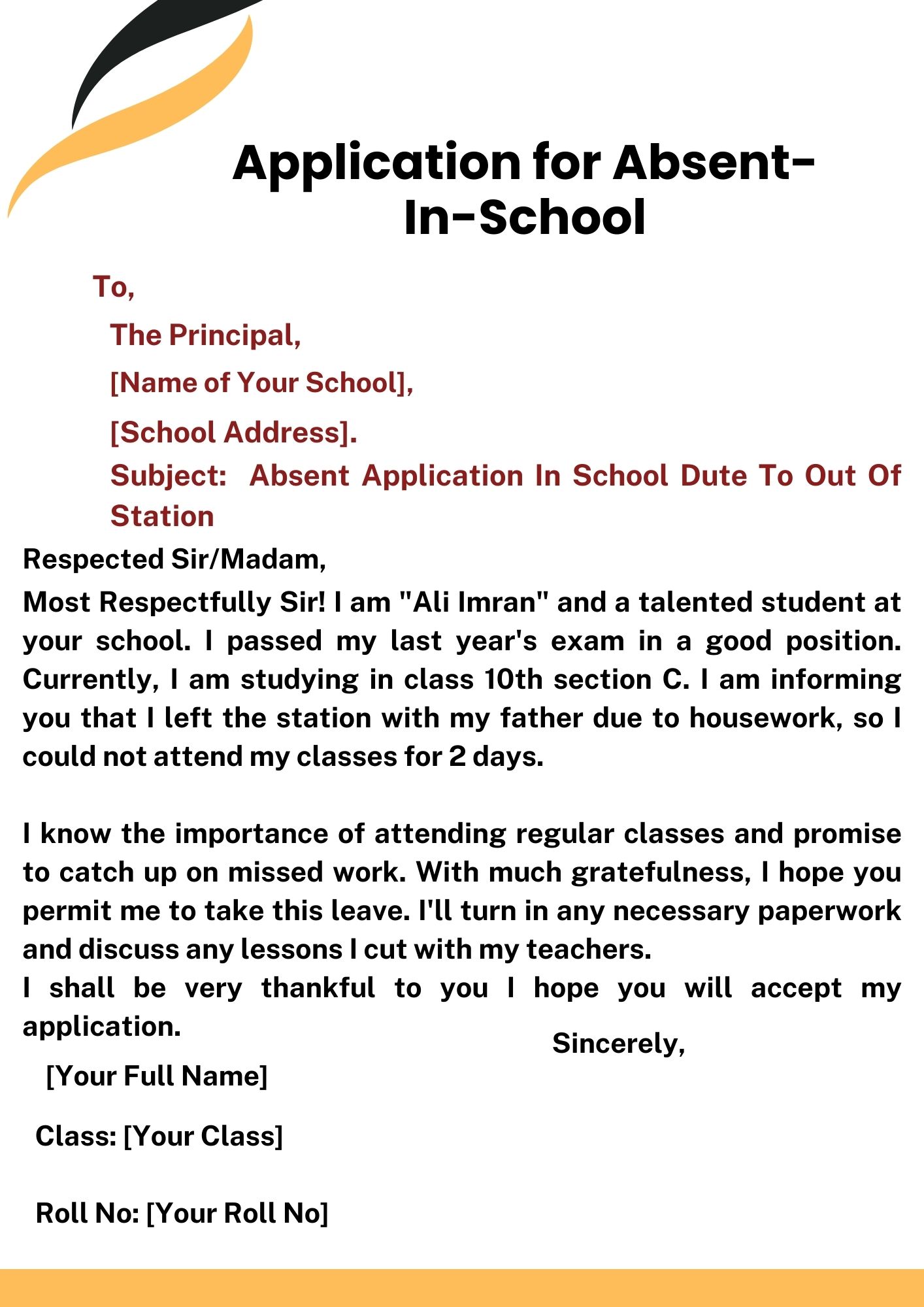 Absent Application In School Due To Out Of Station