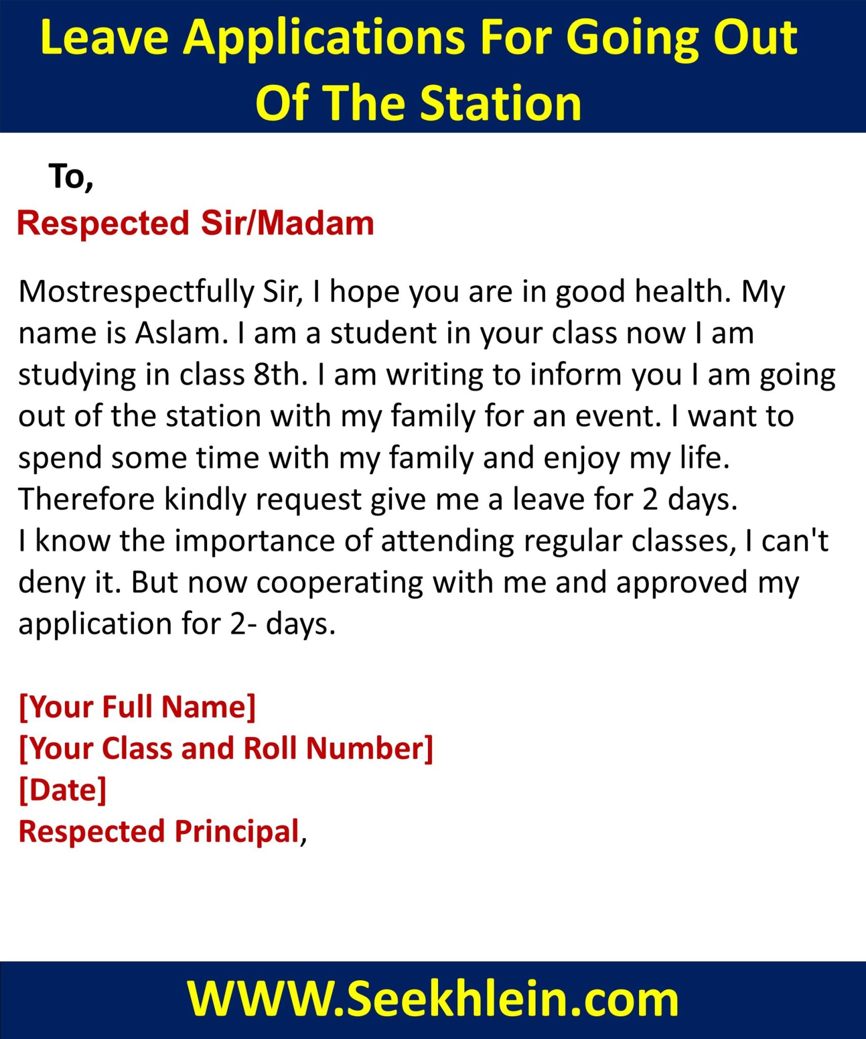 2 -Days Leave Application To Principal For Going Out Of Station
