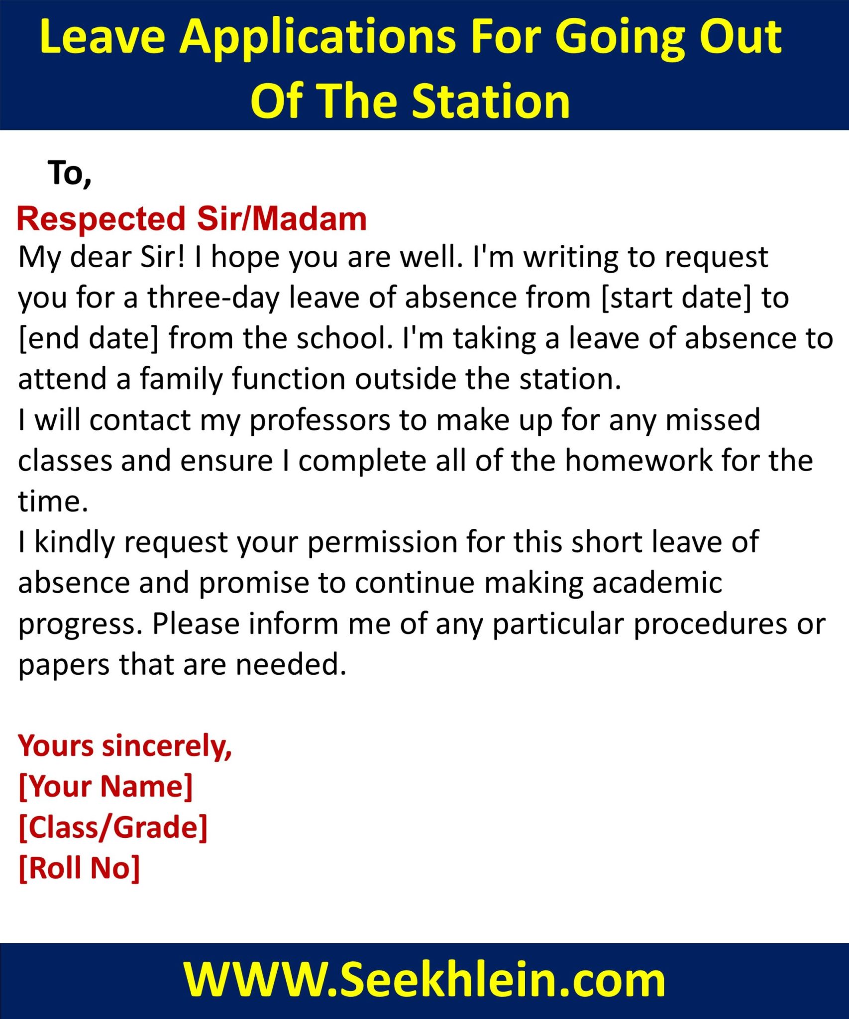 Application  For 3 Days Leave For Going Out Station