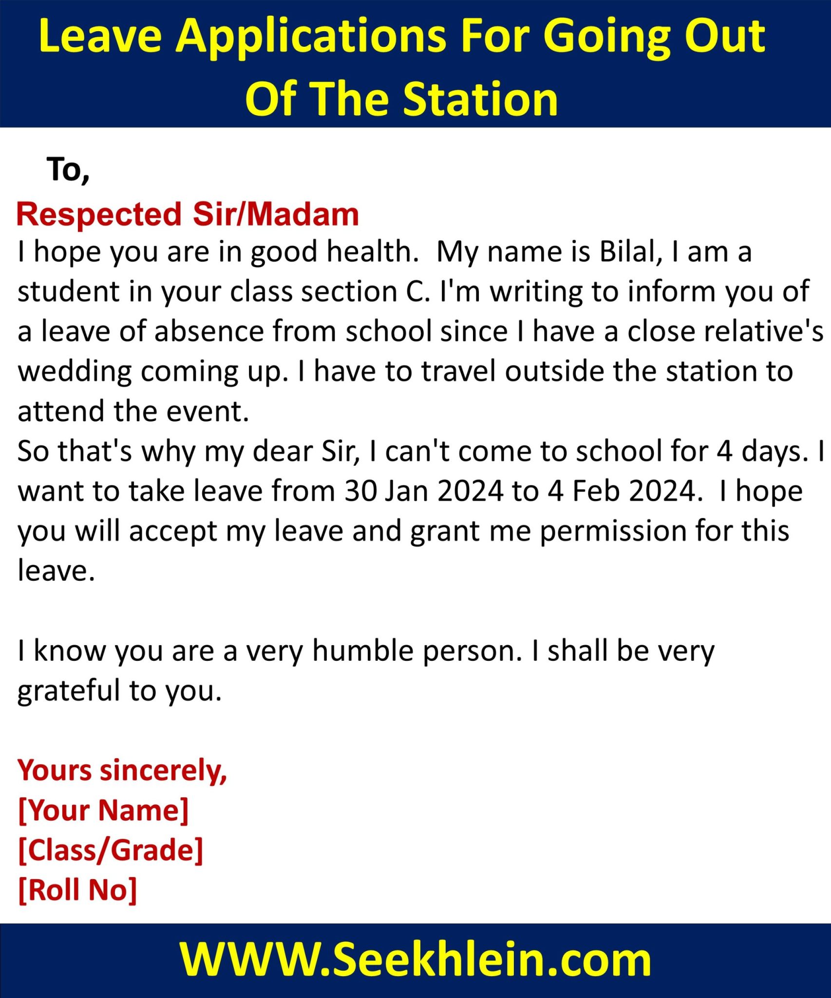 Leave Application To Principal For Going Out Of Station For Marriage