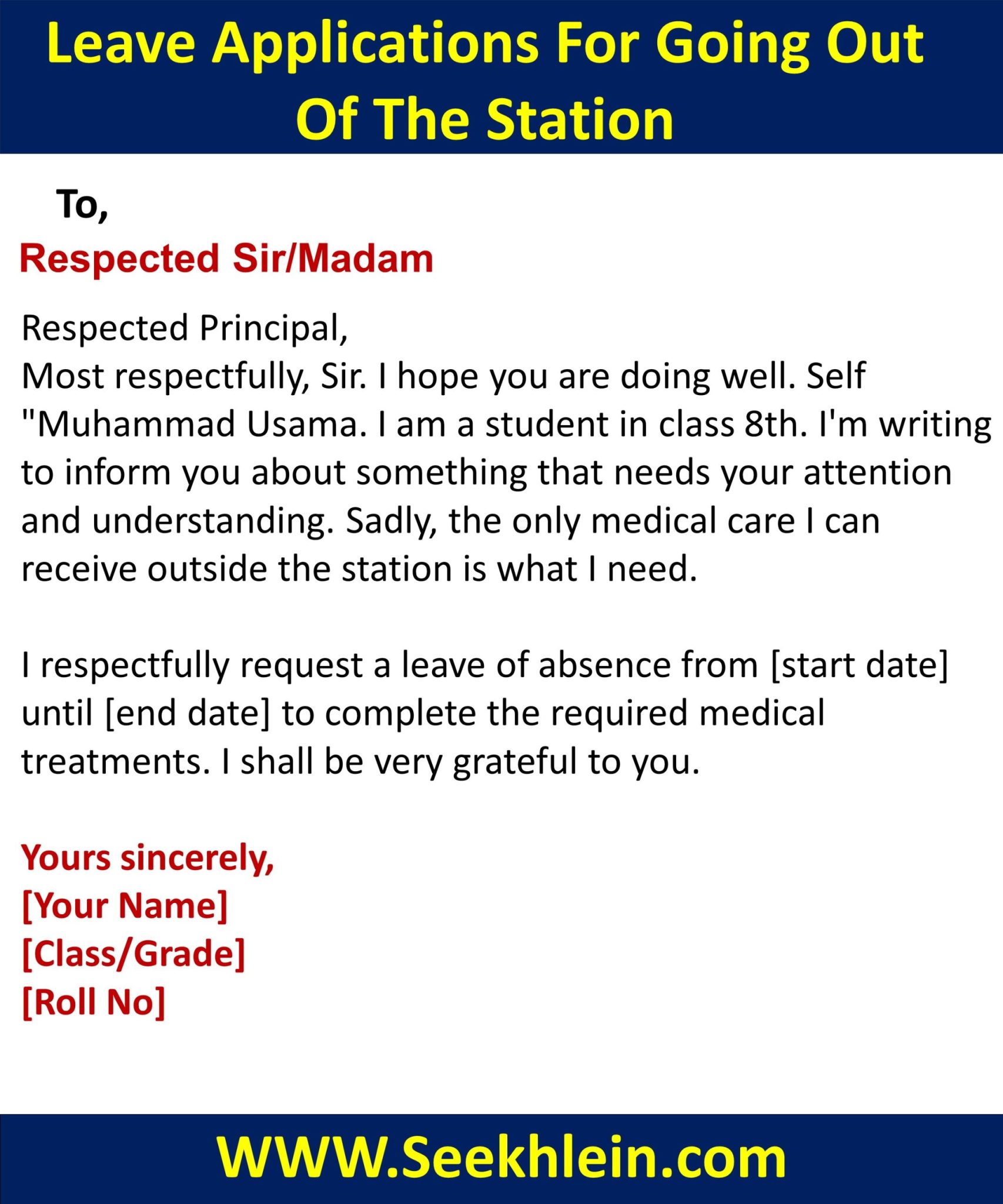 Leave Application To Principal For Going Out Of Station For Medical Treatment